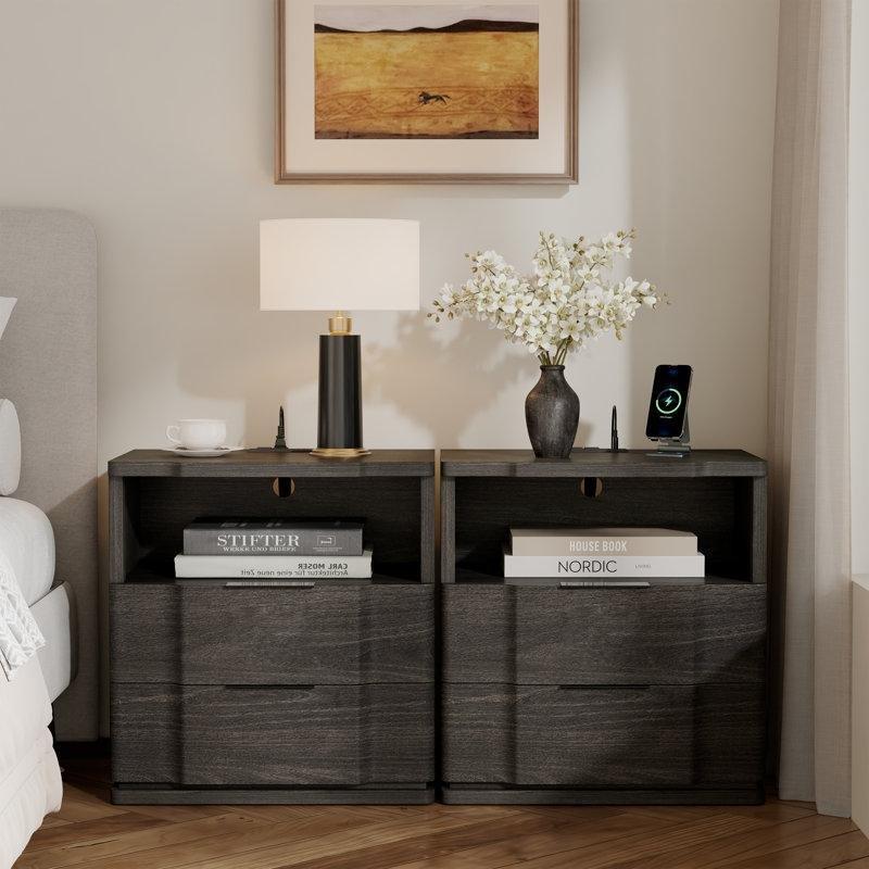 İkili Set Koyu Gri Meşe MDF Kavisli İki Çekmeceli Raflı Dahili Prizli ve USBli Komodin - 56 cm - 224267