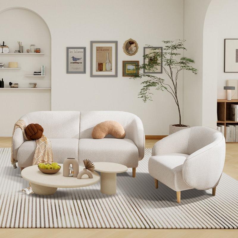 İnci Beyazı Şönil Kumaş Yuvarlak Kolçaklı Modern Koltuk Takımı - 191882