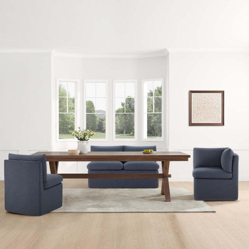 İndigo Mavi Keten Döşemeli Masif Ahşap Sırtlı Tekerlekli Bench - 141 cm - 164194