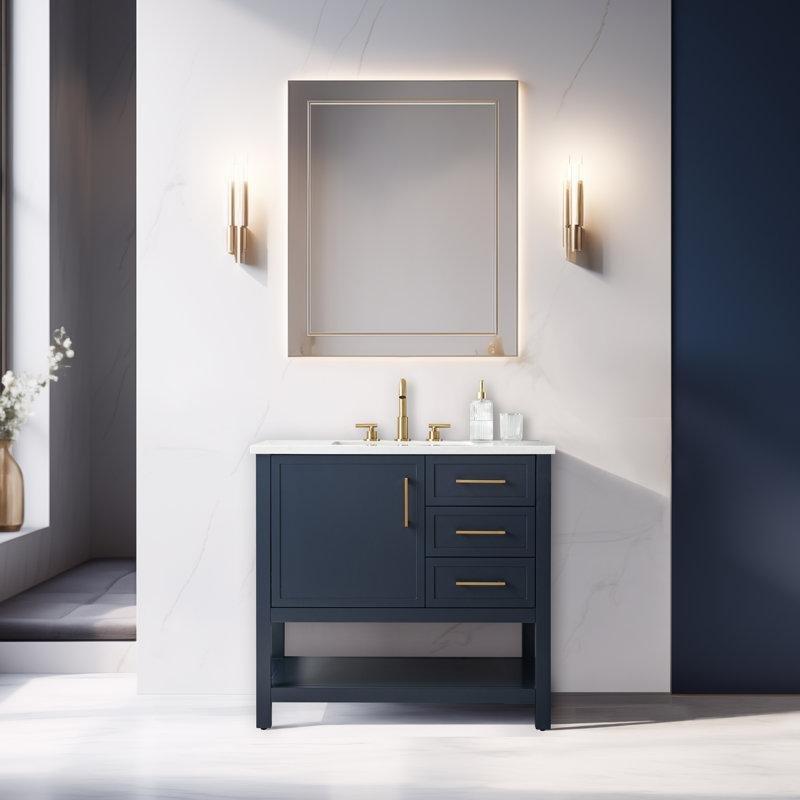 Indigo Mavisi Masif Ahşap Gövdeli Yavaş Kapanır Çekmeceli Ayaklı Banyo Lavabo Dolabı - 92 cm - 200307