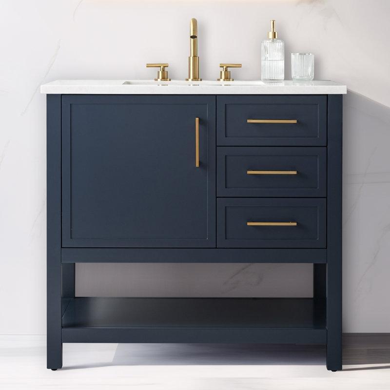 Indigo Mavisi Masif Ahşap Gövdeli Yavaş Kapanır Çekmeceli Ayaklı Banyo Lavabo Dolabı - 92 cm - 200307