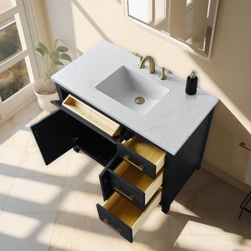 İşlenmiş Mermer Tezgahlı Masif Köknar Ağacı Yavaş Kapanır Çekmeceli Banyo Lavabo Dolabı - 110 cm - 197632