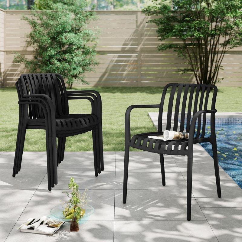 İstiflenebilir Fitilli Tasarım Siyah Plastik Bahçe Sandalyesi 4lü Set - 173327