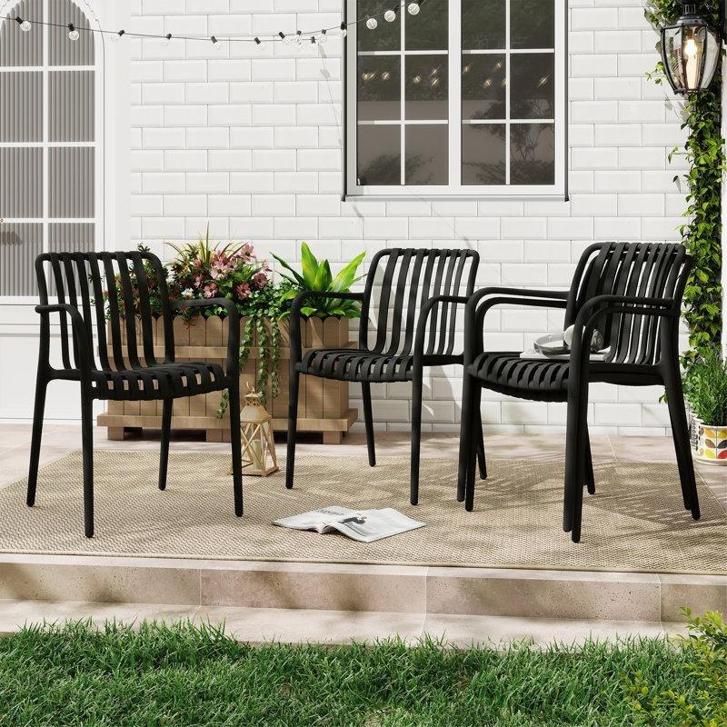 İstiflenebilir Fitilli Tasarım Siyah Plastik Bahçe Sandalyesi 4lü Set - 173327