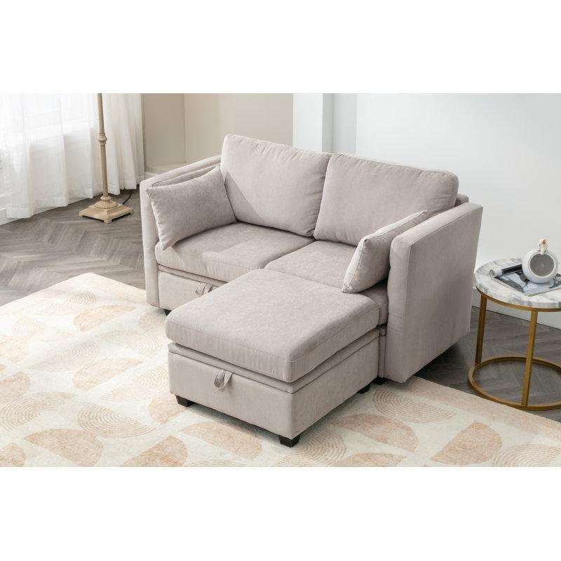 Kadife Dokulu Ahşap Ayaklı Modüler Sandıklı Puflu İkili Koltuk - 148 cm - 208436