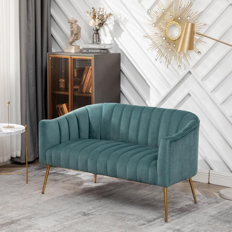 Kadife Gold Ayaklı Retro İkili Koltuk - 130x69x74 cm - 208069