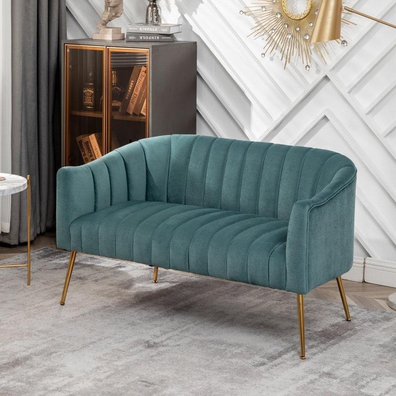 Kadife Gold Ayaklı Retro İkili Koltuk - 130x69x74 cm - 208069