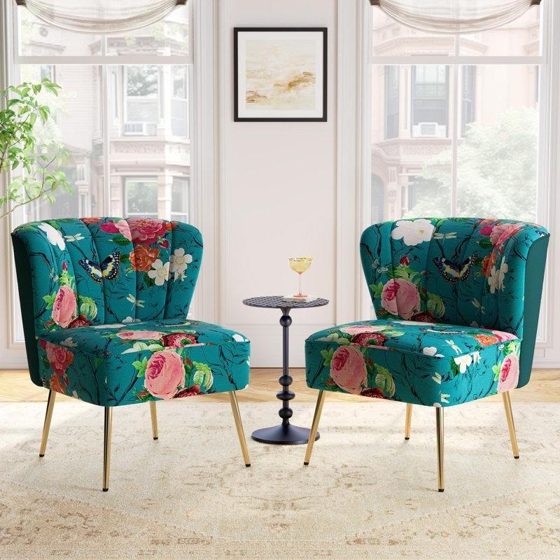 Kadife Kapitoneli Çiçek Desenli Metal Ayaklı 2li Tekli Koltuk Seti - 205209