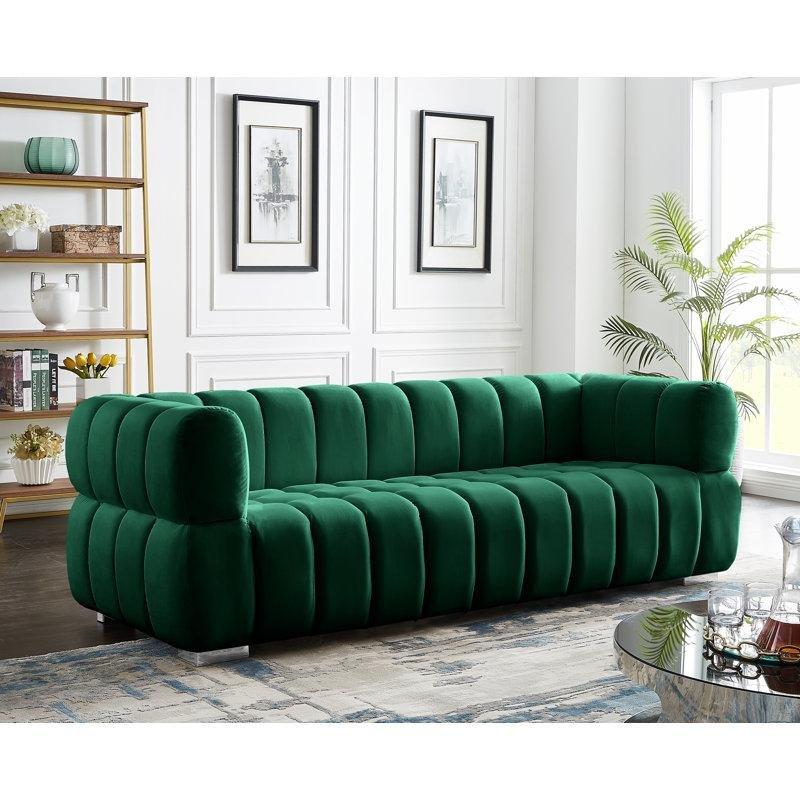 Kadife Kapitoneli Kare Kolçaklı Gold ve Krom Metal Ayaklı Üçlü Koltuk - 232 cm - 194876