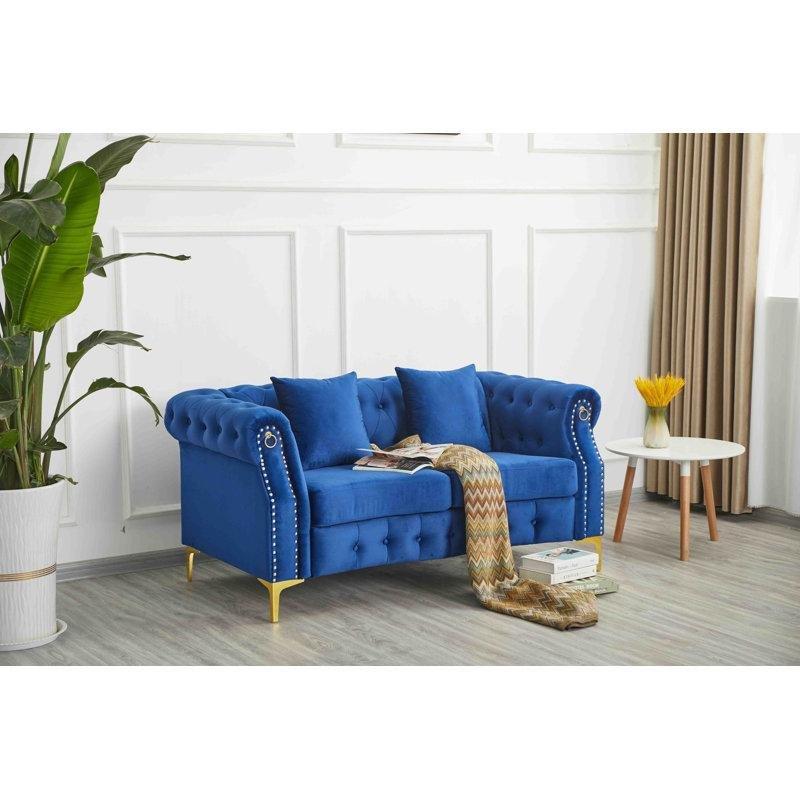 Kadife Kapitoneli Kıvrık Kollu Chester İkili Koltuk - 126 cm - 205982