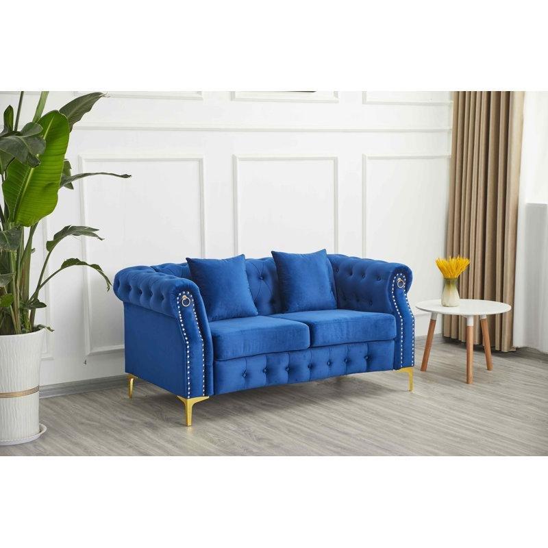 Kadife Kapitoneli Kıvrık Kollu Chester İkili Koltuk - 126 cm - 205982