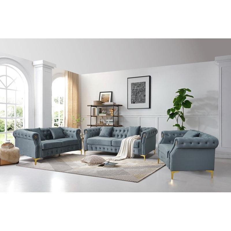 Kadife Kapitoneli Metal Ayaklı Chesterfield Koltuk Takımı - 192463