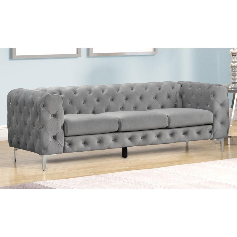 Kadife Kapitoneli Metal Ayaklı Tuxedo Kolçaklı Üçlü Koltuk - 218 cm - 196449