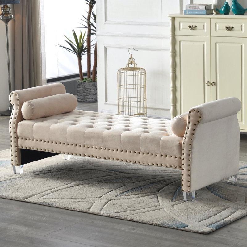 Kadife Kapitoneli Zımba Detaylı Kollu Akrilik Ayaklı Bench - 181 cm - 164464 Kadife Kapitoneli Zımba Detaylı Kollu Akrilik Ayaklı Bench - 181 cm - 164464