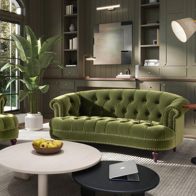 Kadife Kapitoneli Zımba Detaylı Masif Huş Ağacı Ayaklı Chester Koltuk - 213 cm - 195486