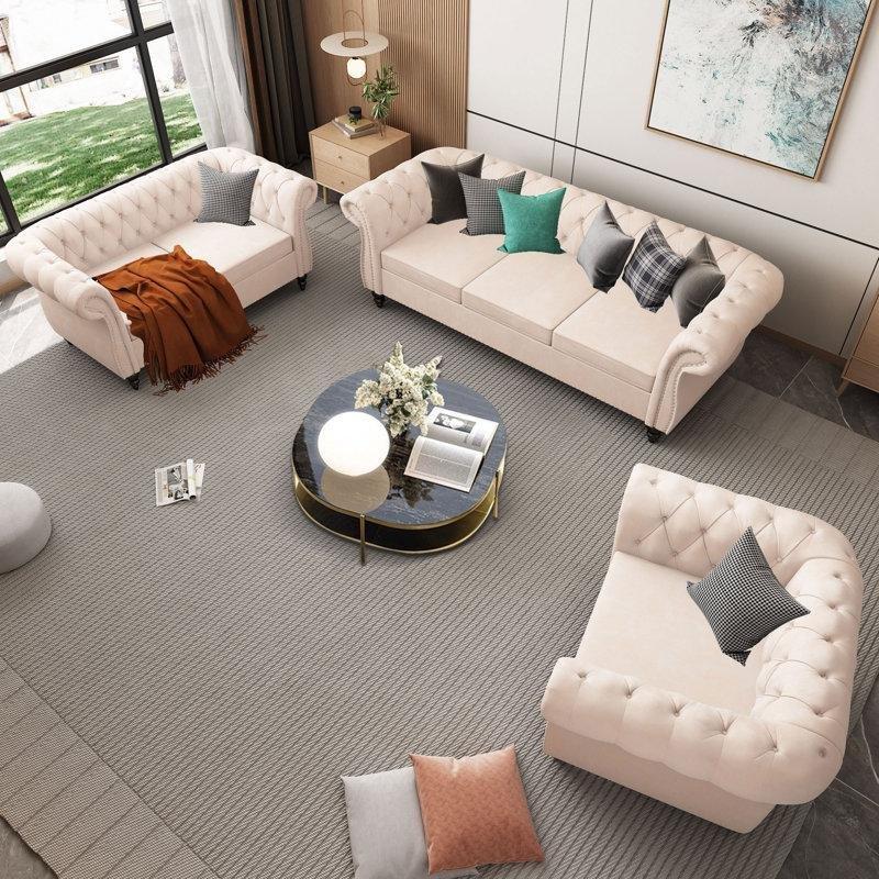 Kadife Kumaş Chesterfield Tasarım Kapitoneli Gümüş Zımba Detaylı Koltuk Takımı - 192572