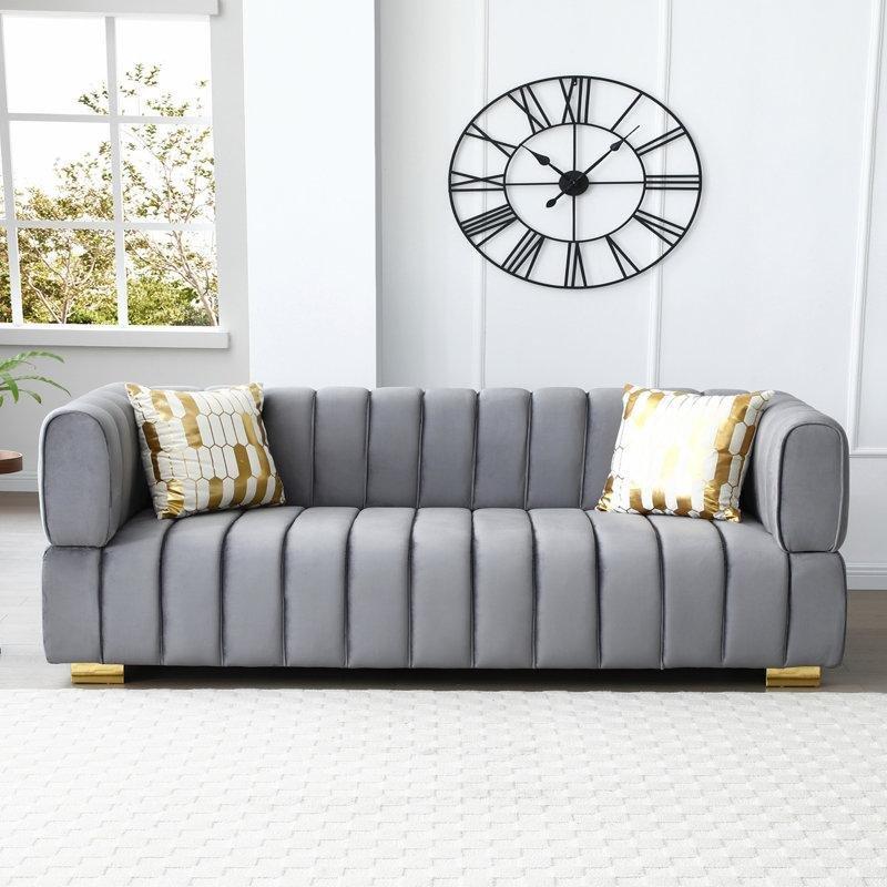 Kadife Kumaş Kanal Dikişli Gold ve Gümüş Ayak Seçenekli Koltuk - 209 cm - 195997