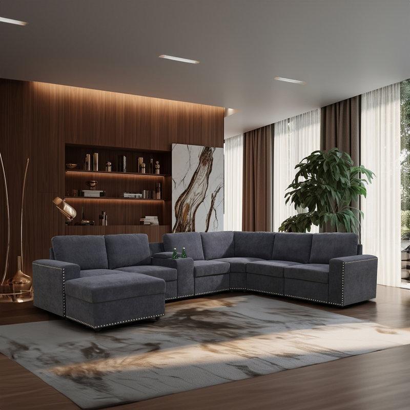 Kadife Kumaş Konsollu ve Puflu Modüler Sol U Köşe Koltuk Takımı - 194514