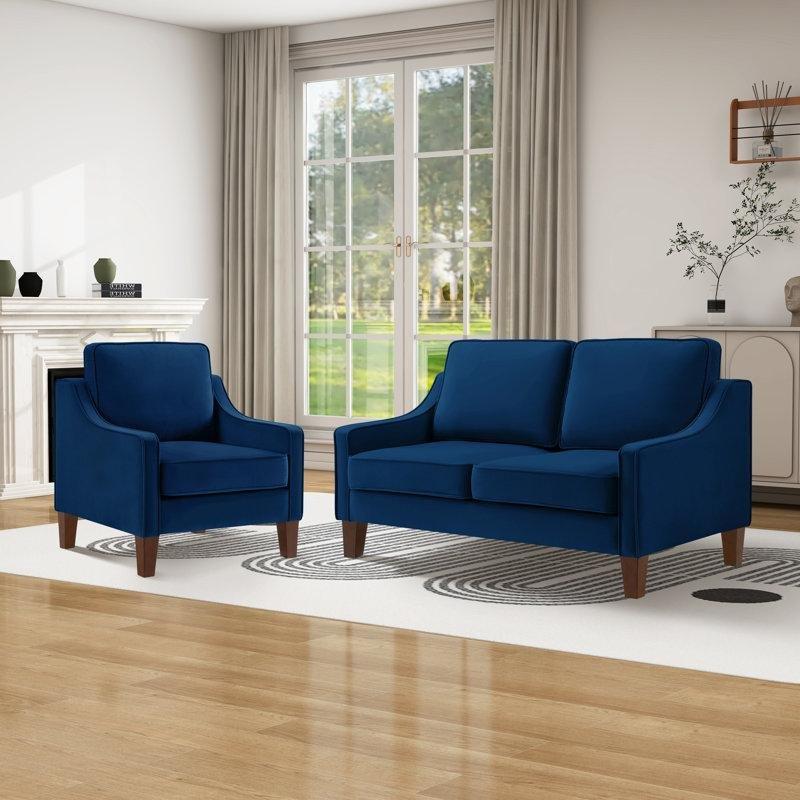 Kadife Kumaş Masif Ahşap Ayaklı 2 Parça Koltuk Takımı - 191998