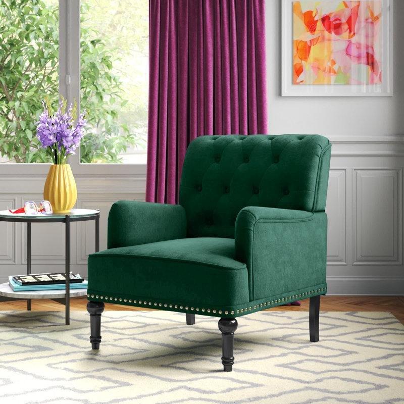 Kadife Kumaş Masif Ahşap Kapitoneli Zımba Detaylı Tekli Koltuk - 73 cm - 203599