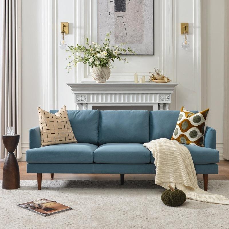 Kadife Kumaş Masif Ceviz Ahşap Ayaklı Gömme Kollu Koltuk - 214 cm - 195729