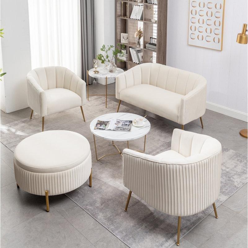 Kadife Masif Ahşap Kapitoneli Depolamalı Puf Dahil Koltuk Takımı - 192345