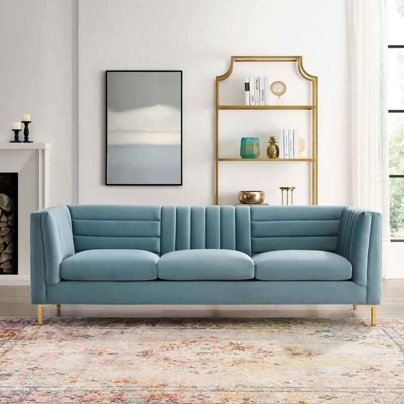Kadife Metal Ayaklı Kanal Kapitoneli Tuxedo Kollu Koltuk - 229 cm - 195096