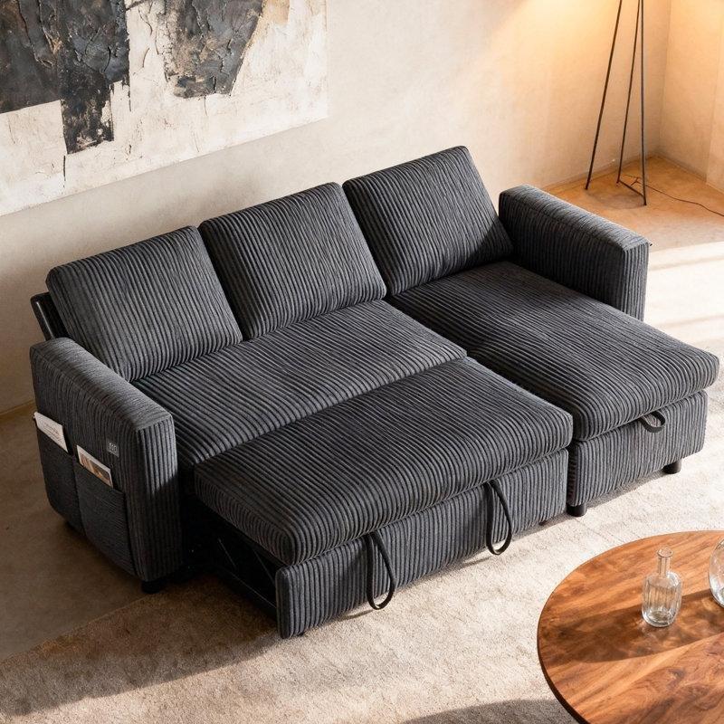 Kadife Yataklı Saklama Alanlı USB Portlu L Köşe Koltuk - 206 cm - 194264