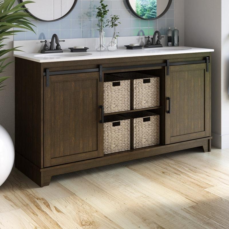 Kahverengi Ahşap Ayaklı İkili Lavabolu Vitrifiye Seramik Tezgahlı Banyo Dolabı - 153 cm - 201528