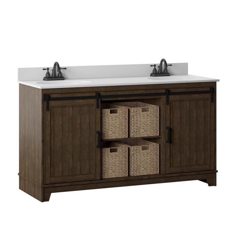 Kahverengi Ahşap Ayaklı İkili Lavabolu Vitrifiye Seramik Tezgahlı Banyo Dolabı - 153 cm - 201528