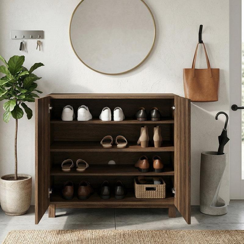 Kahverengi Ahşap Ayarlanabilir Raflı Yavaş Kapanır Kapaklı Ayakkabılık Dolap - 81 cm - 227115