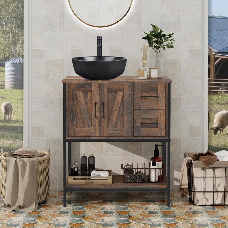 Kahverengi Ahşap Çekmeceli Demir Çerçeveli Seramik Çanak Lavabolu Ayaklı Banyo Dolabı - 76 cm - 200108