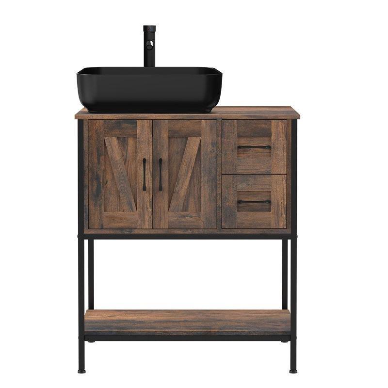 Kahverengi Ahşap Demir Ayaklı Çekmeceli Çanak Lavabolu Banyo Dolabı - 76 cm - 202165