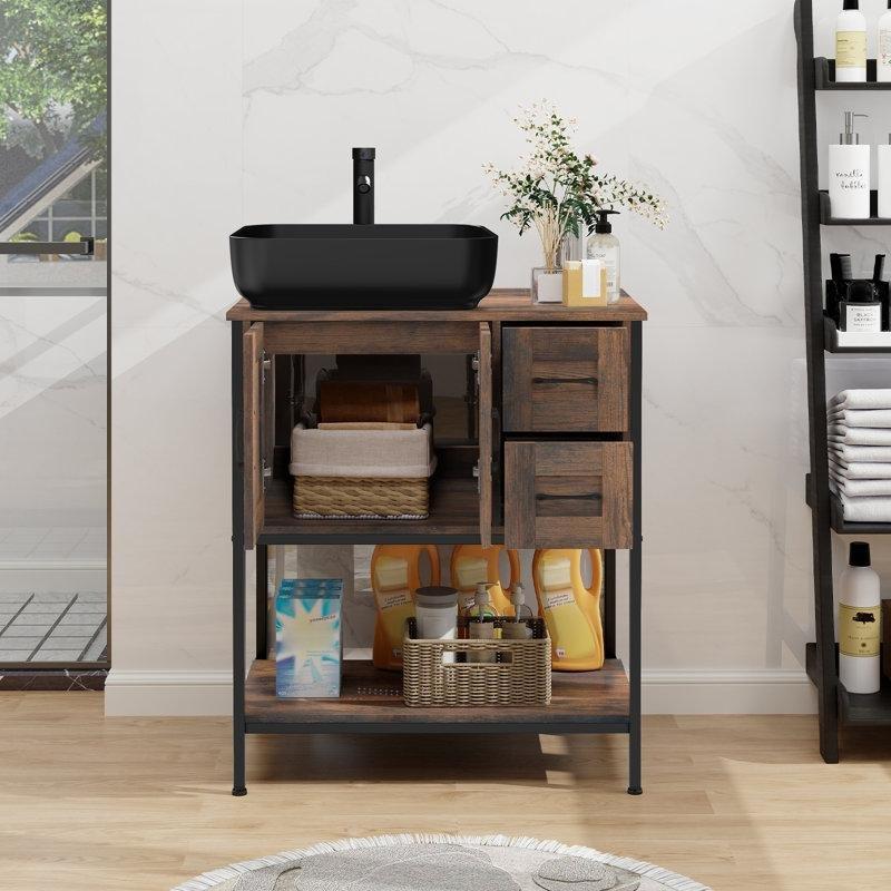 Kahverengi Ahşap Demir Ayaklı Çekmeceli Çanak Lavabolu Banyo Dolabı - 76 cm - 202165