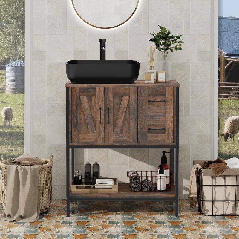 Kahverengi Ahşap Demir Ayaklı Çekmeceli Çanak Lavabolu Banyo Dolabı - 76 cm - 202165