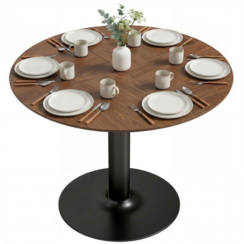 Kahverengi Ahşap Desenli MDF ve Siyah Çelik Yuvarlak Bohem Yemek Masası - Ø110 cm - 236363