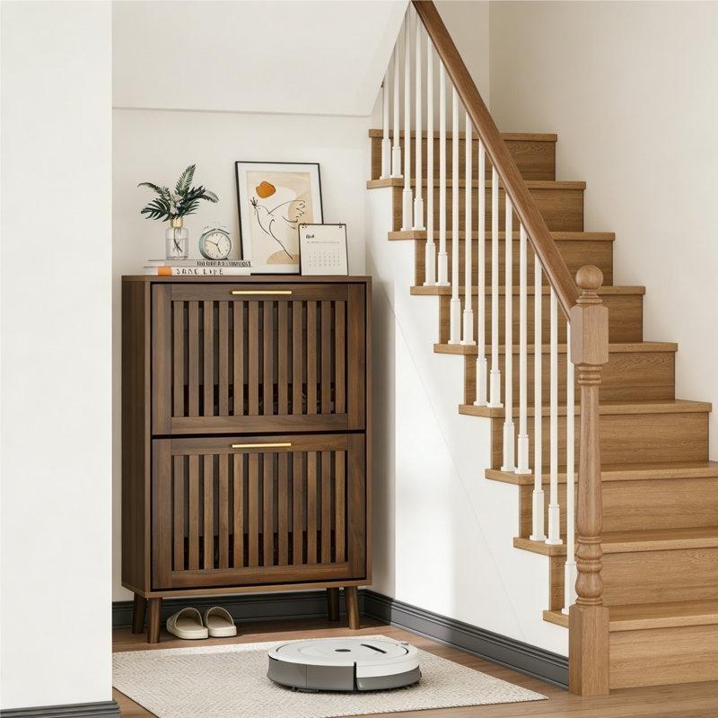Kahverengi Ahşap Düşer Kapaklı Ayarlanabilir Raflı Ayakkabılık - 60x25x93 cm - 229350