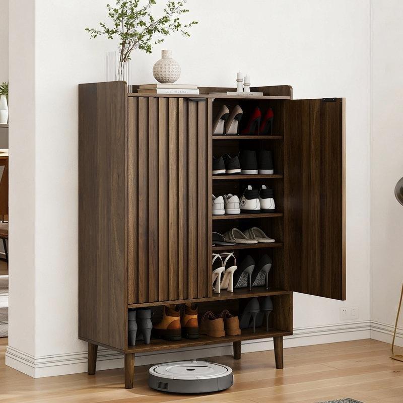 Kahverengi Ahşap Fitilli Panelli 2 Kapaklı Ayarlanabilir Raflı Ayakkabılık - 111x75x37 cm - 229673