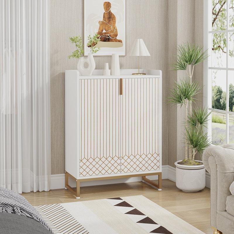 Kahverengi Ahşap Gold Şeritli Elmas Desenli 5 Raflı Ayakkabılık Dolabı - 75x36x105 cm - 228797