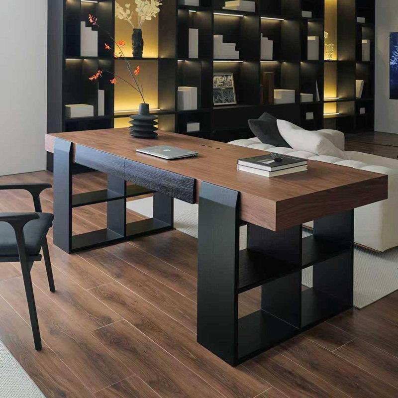 Kahverengi Ahşap Kitaplıklı ve Çekmeceli Siyah Ayaklı Ofis Masası - 180 cm - 177433