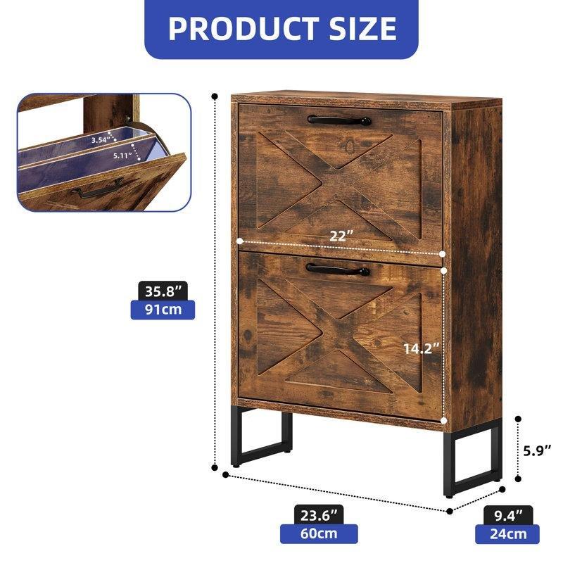 Kahverengi Ahşap Metal Ayaklı Düşer Kapaklı Ayakkabılık - 60x24x91 cm - 227086