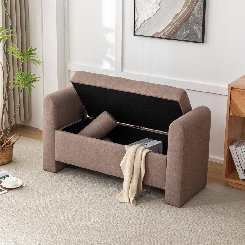 Kahverengi Ahşap Polyester Döşemeli Sandıklı Kollu Yastıklı Bench - 117 cm - 164509