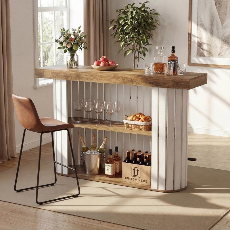 Kahverengi Ahşap Raflı Metal Ayak Dinlenme Çubuklu Bar Masası - 161 cm - 231570