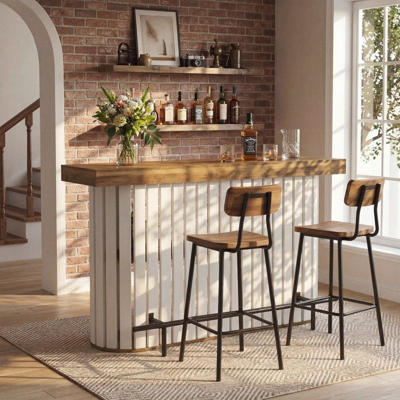 Kahverengi Ahşap Raflı Metal Ayak Dinlenme Çubuklu Bar Masası - 161 cm - 231570
