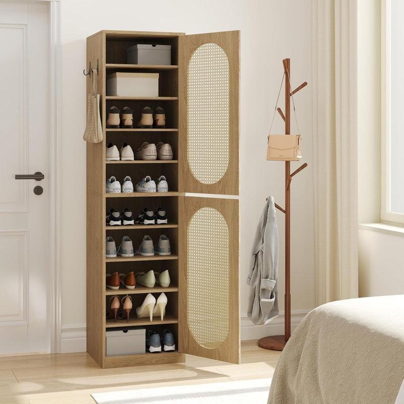 Kahverengi Ahşap Rattan Kapaklı Ayarlanabilir Raflı 4 Askılı Ayakkabılık Dolabı - 169x44 cm - 229001