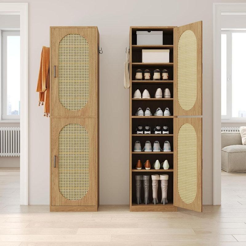 Kahverengi Ahşap Rattan Kapaklı Ayarlanabilir Raflı 4 Askılı Ayakkabılık Dolabı - 169x44 cm - 229001