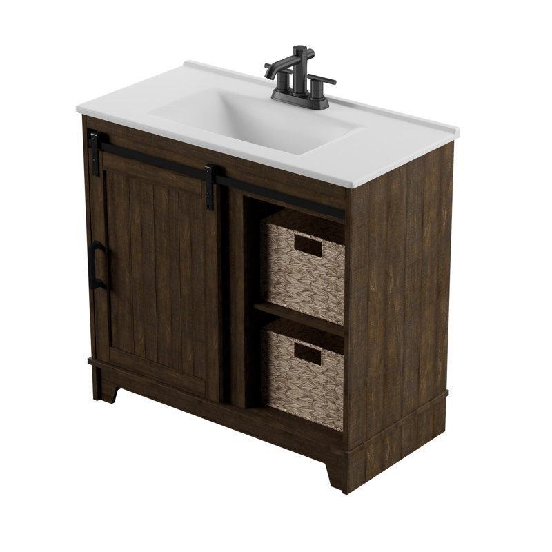 Kahverengi Ahşap Sürgülü Ahır Kapılı ve Sepetli Seramik Tezgahlı Banyo Lavabo Dolabı - 92 cm - 201444