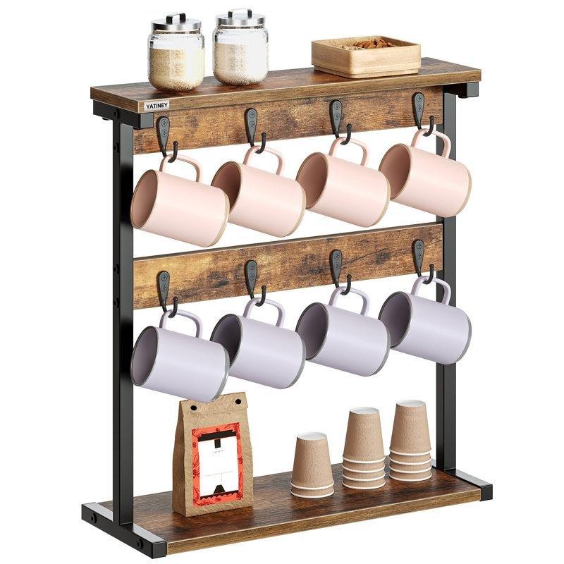 Kahverengi Ahşap ve Metal 2 Katlı 8 Kancalı Tezgah Üstü Mutfak Rafı - 39x10x43 cm - 163666