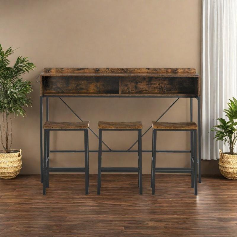 Kahverengi Ahşap ve Siyah Metal LED Işıklı Prizli 3 Tabureli Raflı Koltuk Arkası Dresuar - 150 cm - 217536