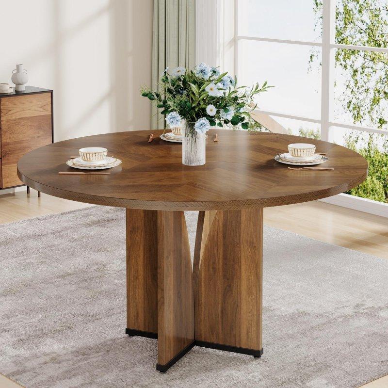 Kahverengi Ahşap Yuvarlak 4 Kişilik Kaide Ayaklı Bohem Yemek Masası - 100 cm - 237741